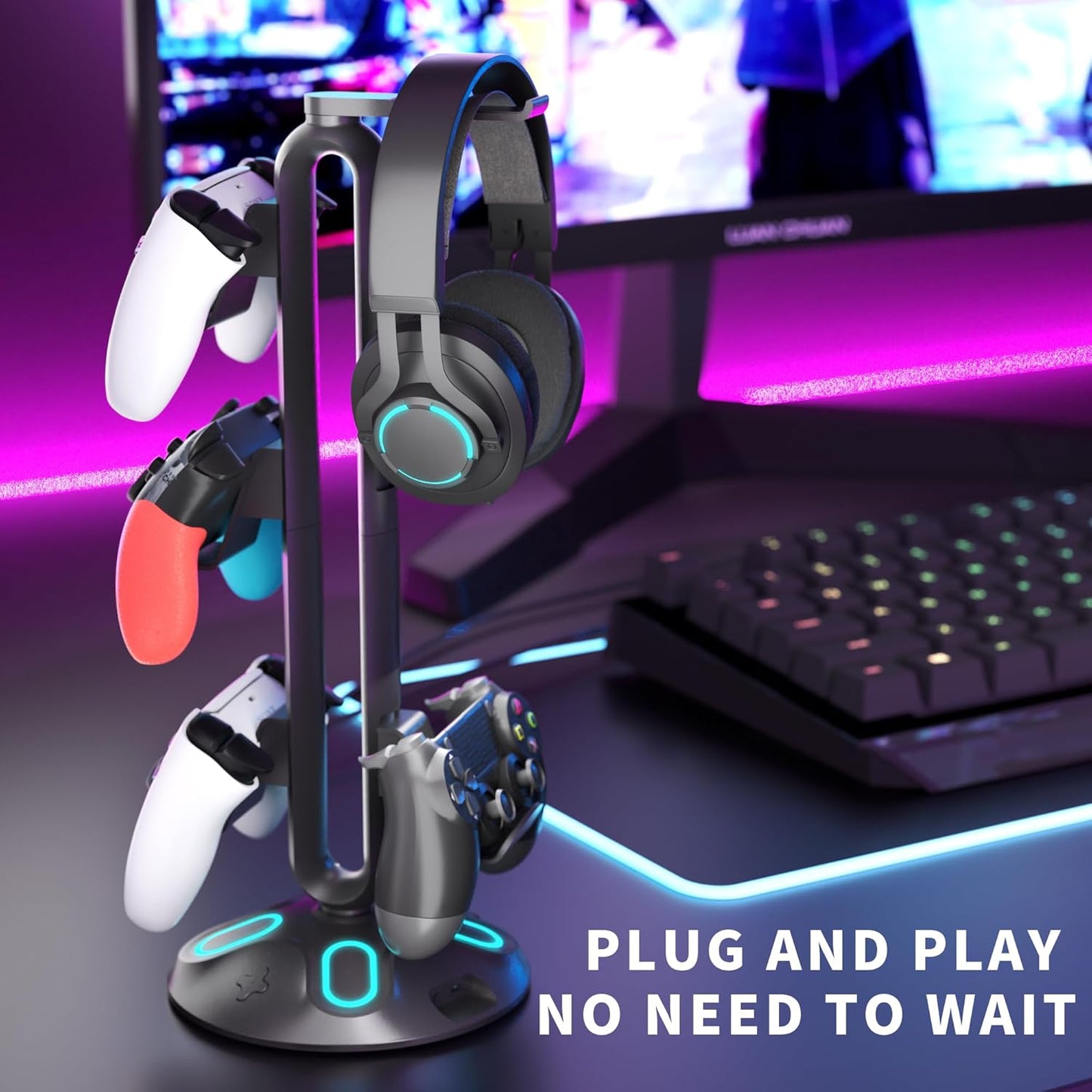 Gaming RGB Headphone Stand, Controller Holder with 9 Light Modes and 2 USB Charging Ports and 3.5mm & Type-C - Controller Stand Hanger Accessories for Desk and Gamer(Black) A