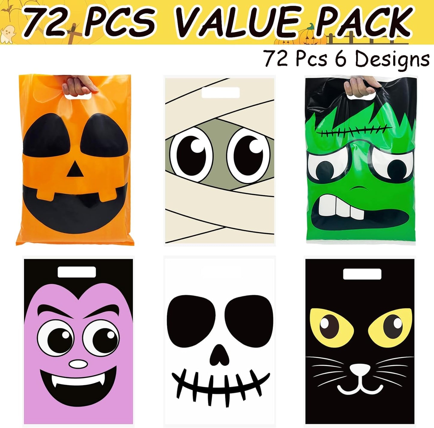 72 Pcs Large Halloween Goodie Bags Candy Treat Bags, Trick or Treat Bag for Halloween Party Favors and Event Party Supplies