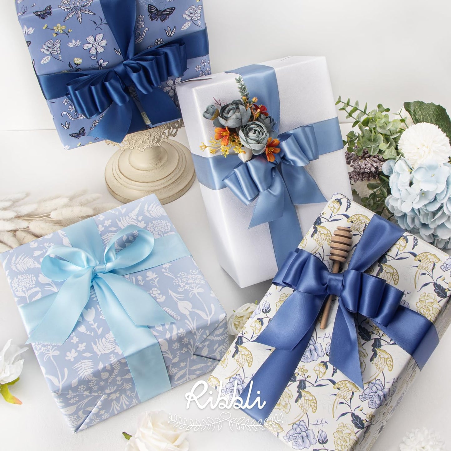 Ribbli Dusty Blue Satin Ribbon 1-1/2 Inch x 4 Rolls Total 40 Yards- Light Blue/Dusty Blue/Smoke Blue/Light Navy Ribbon for Gift Wrapping Craft Wedding Decoration