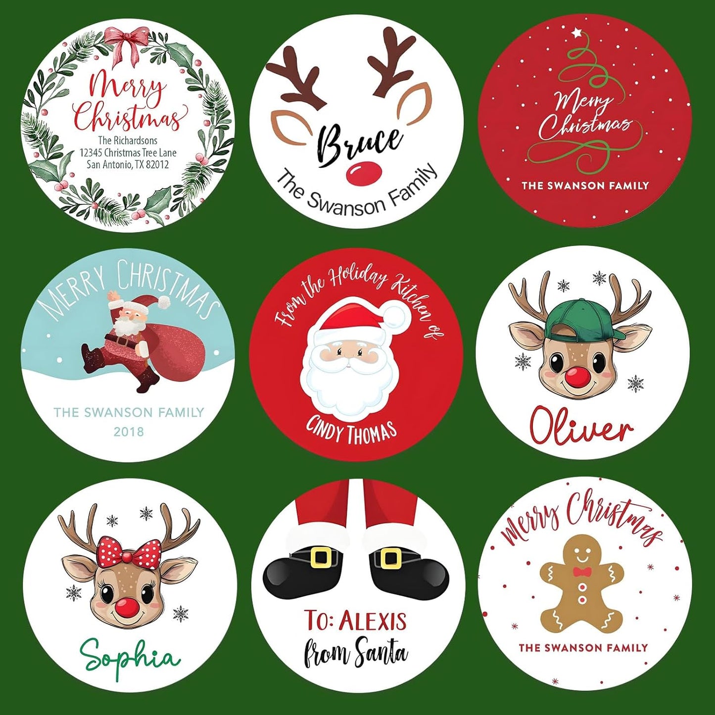 36pcs Personalized Christmas Stickers Gift Wrap Labels-Available in 12 Templates Custom Waterproof Cute Santa Reindeer Decals for Christmas Gift Box Tags Party Decorations Envelopes (Round Sticker)