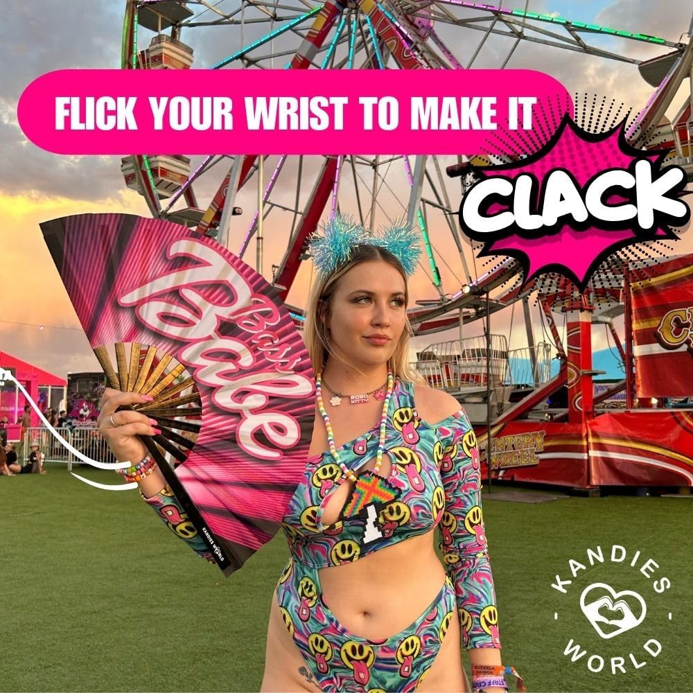 Kandies World UV Reactive Custom Festival Folding Hand Fan - Unique Designs, Made of Bamboo, Clacking Sound, Lightweight - Perfect Rave and Festival Accessory!