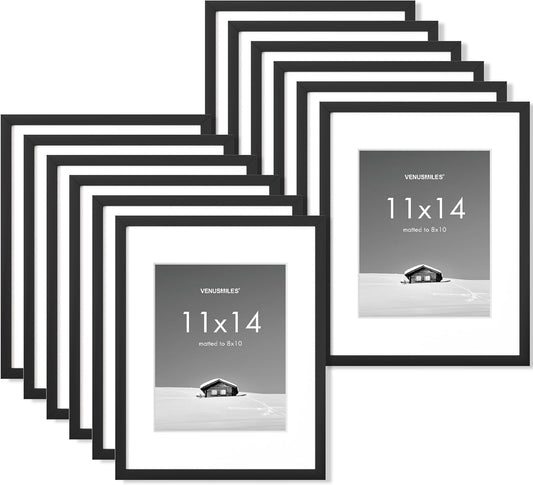 11x14 inch Picture Frame, 11x14 Photo Frames with 8x10 Removable Mat - High Definition Plexiglass - Vertical and Horizontal Display - Wall Hanging Frame - Black, 12 Pack