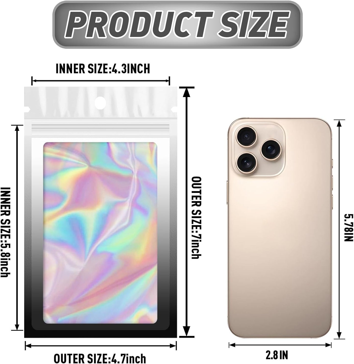 Funfery 100 Pack Gradient Holographic Bags,Resealable Bags with Zipper,Clear Window Packaging Pouchs,Foil Bag for Food Storage,Small Business,Sample Jewelry Bag(4.7×7In,White Black)