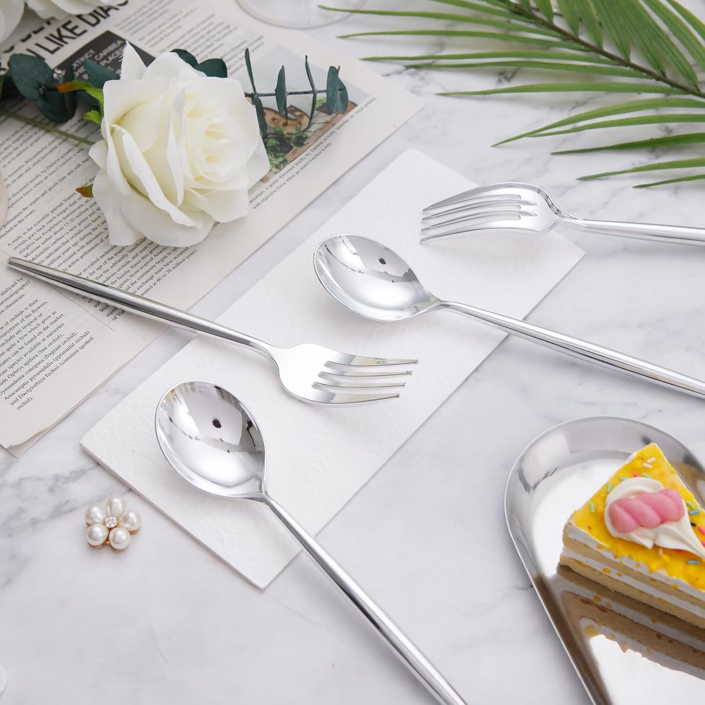 SUT 200Pcs Plastic Silverware,Plastic Spoons and Forks, Disposable Silverware,Silver Plastic Silverware, Disposable Forks and Spoons, Includes 100 forks, 100 spoons for Party, Birthday, Wedding