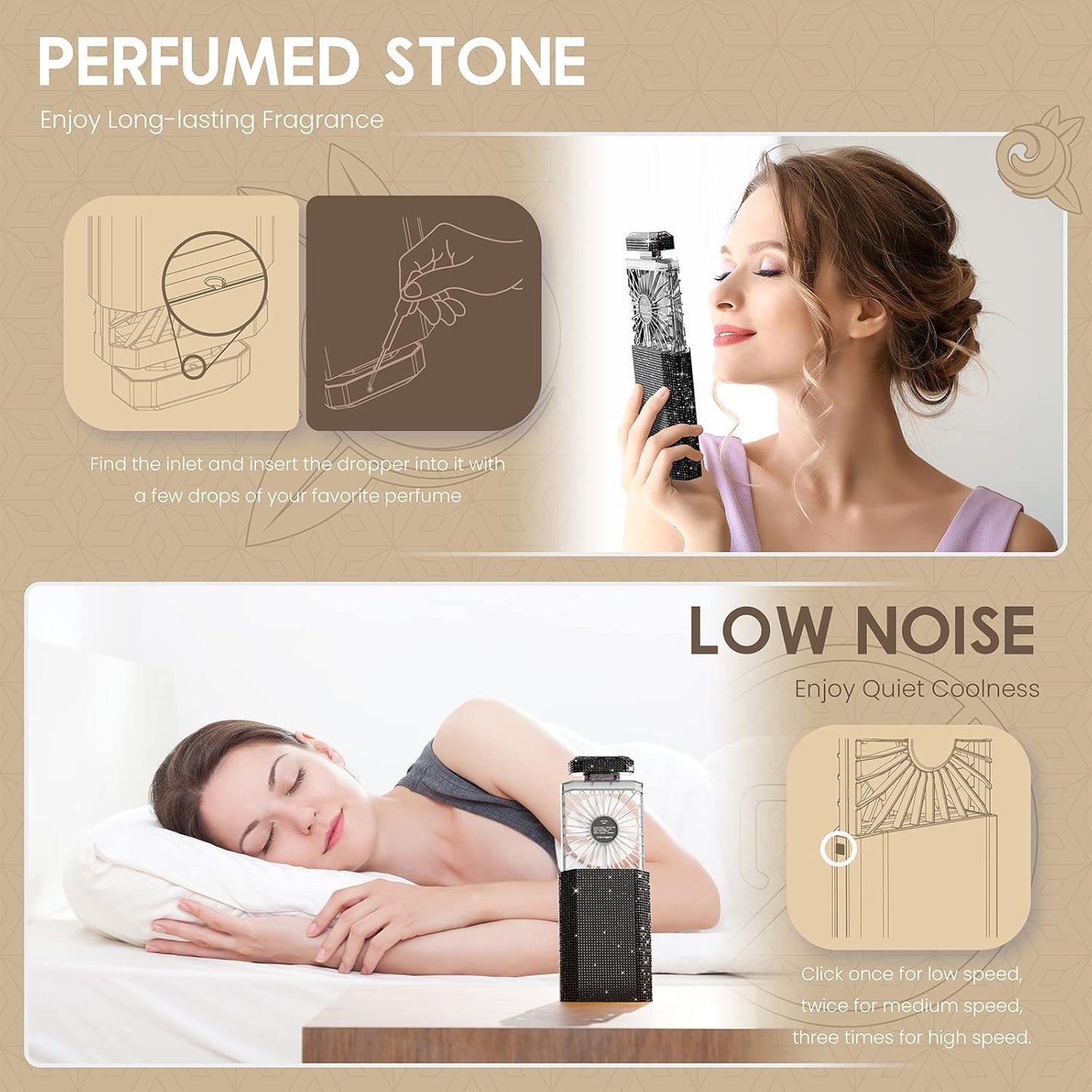 Lady Rechargeable Personal Fan with 3 Speeds, Quiet Portable Mini Cooling Desk Fan - Safe for Girls & Women - Black Rhinestones