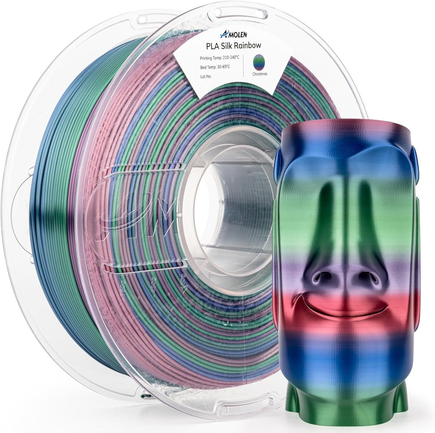 AMOLEN Silk PLA 3D Printer Filament, Shiny Multicolor Christmas Rainbow PLA Filament 1.75mm, Gradient Color Change PLA 3D Printing Filament for Most FDM 3D Printer, Red Blue Green Grey, 1kg (2.2lbs)