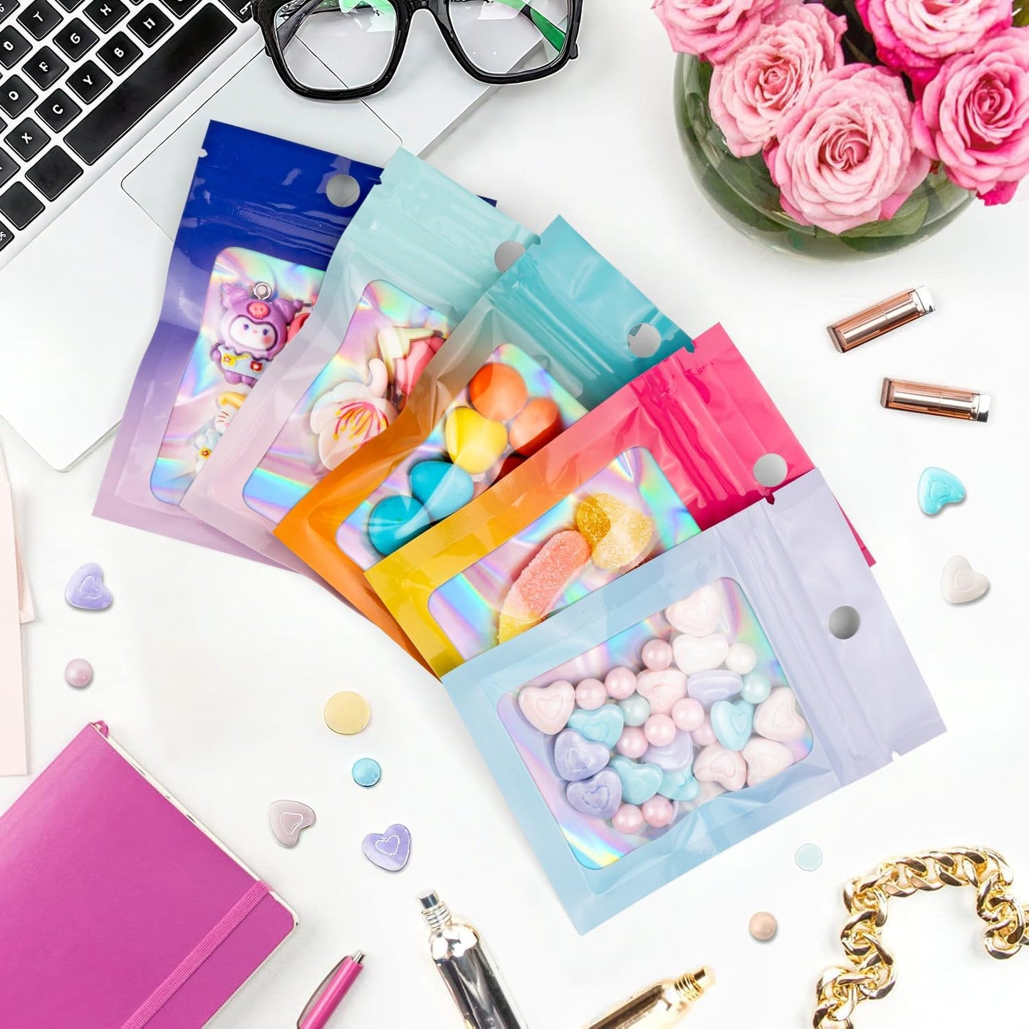 Funfery 100 Pack Gradient Holographic Bags,2.7×3.9In Mylar Resealable Bags with Zipper,Clear Window Packaging Pouch,Smell Proof Foil Bag for Food Storage,Sample Jewelry Baggies(Purple Blue)