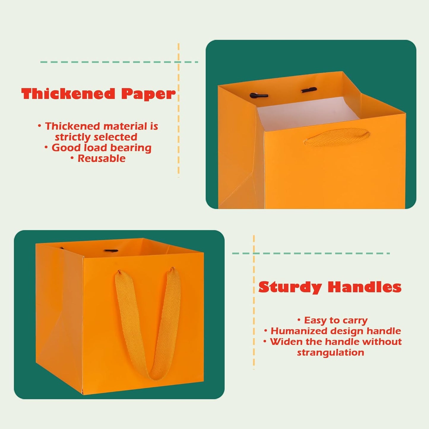 ADIDO EVA Orange Square Gift Bags Small Size Square Bottom Paper Bags with Handles for Party Favor, Shopping Bag (8x8x8 In, 10 CT)