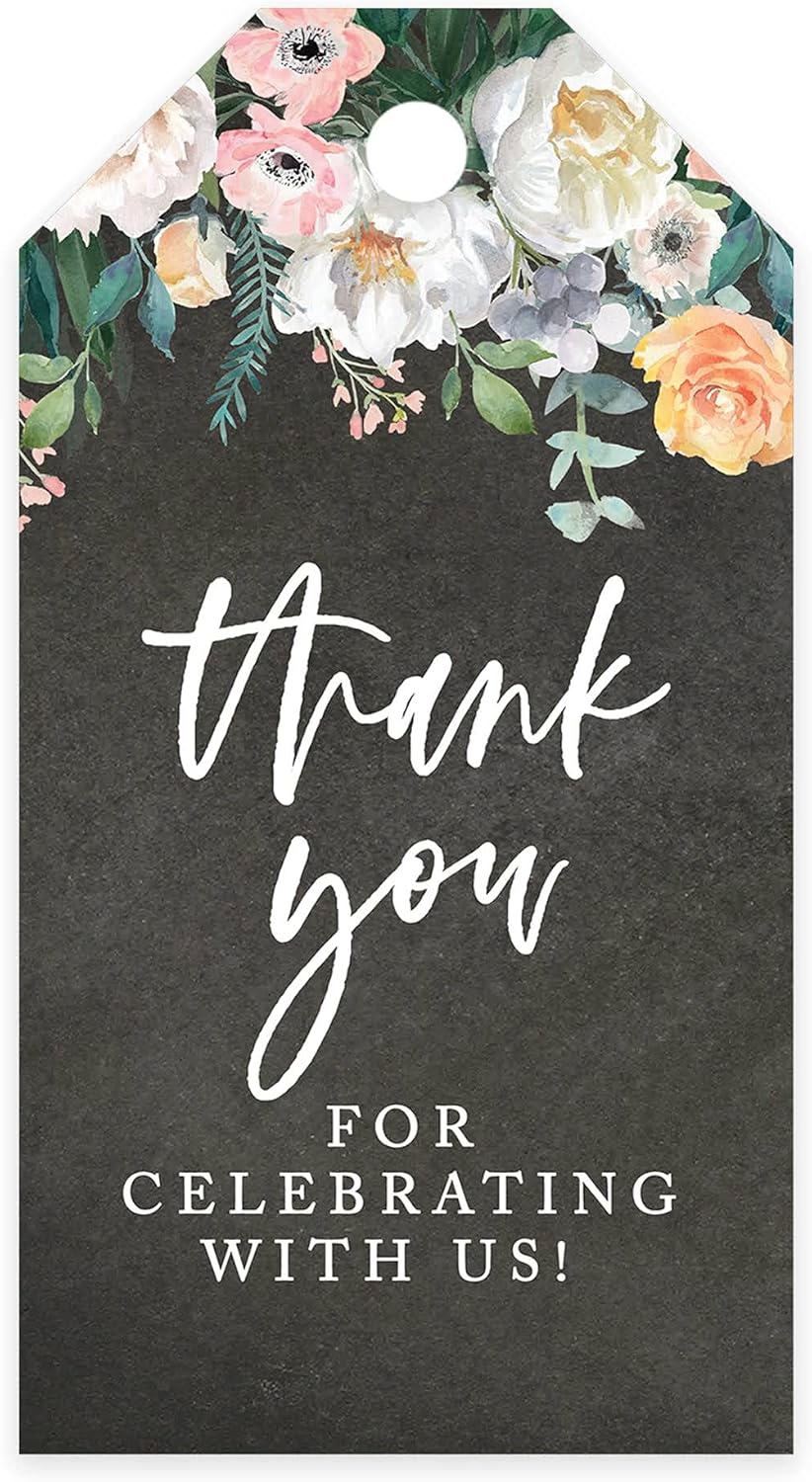 Andaz Press 100-Pack Thank You for Celebrating with Us Favor Tags Chalkboard Florals Cardstock Gift Tags with Bakers Twine for Wedding Baby Shower Bridal Shower Birthday Party Favors 2 x 3.75-Inches