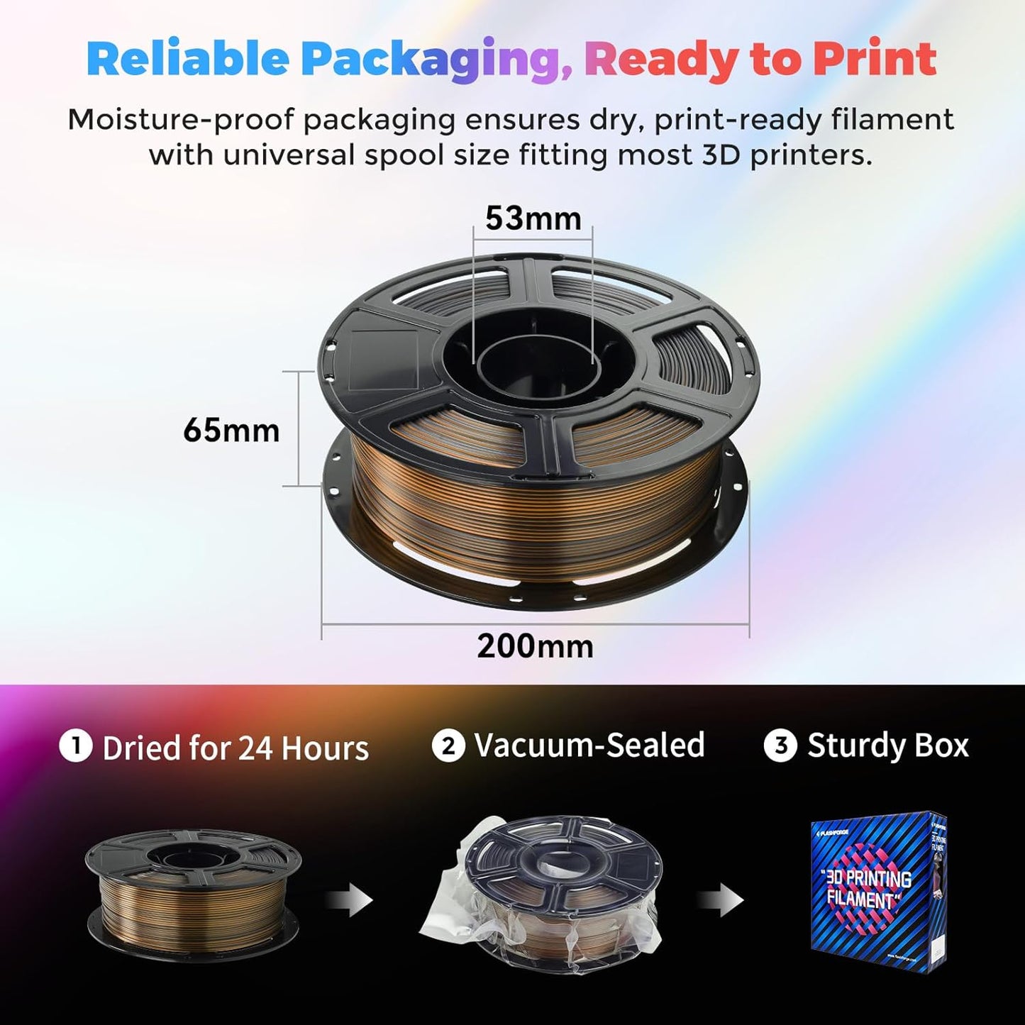 FLASHFORGE Silk Dual Color Filament, Black and Gold 2 in 1 Coextrusion Silk PLA Filament 1.75mm, 3D Printer Filament Color Change 1kg(2.2lbs) Spool, Dimensional Accuracy +/- 0.02mm