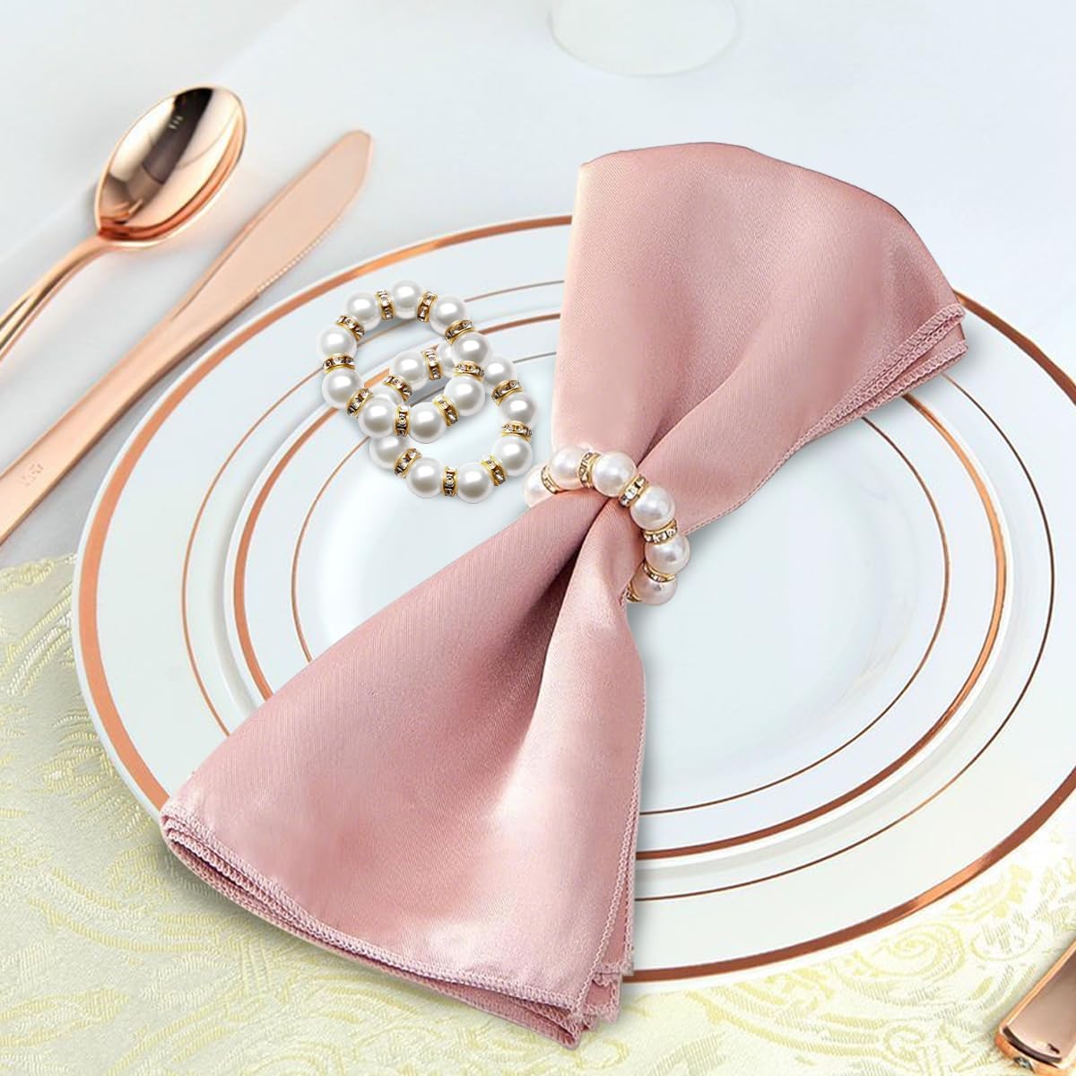 50Pcs Pearl Napkin Rings, Imitation Pearl Napkin Rings Holder, Disposable Beaded Serviette Napkin Buckles for Wedding Reception Party Banquet Dinner Table Decor (Pearl Gold+Silver, 50 Pcs)