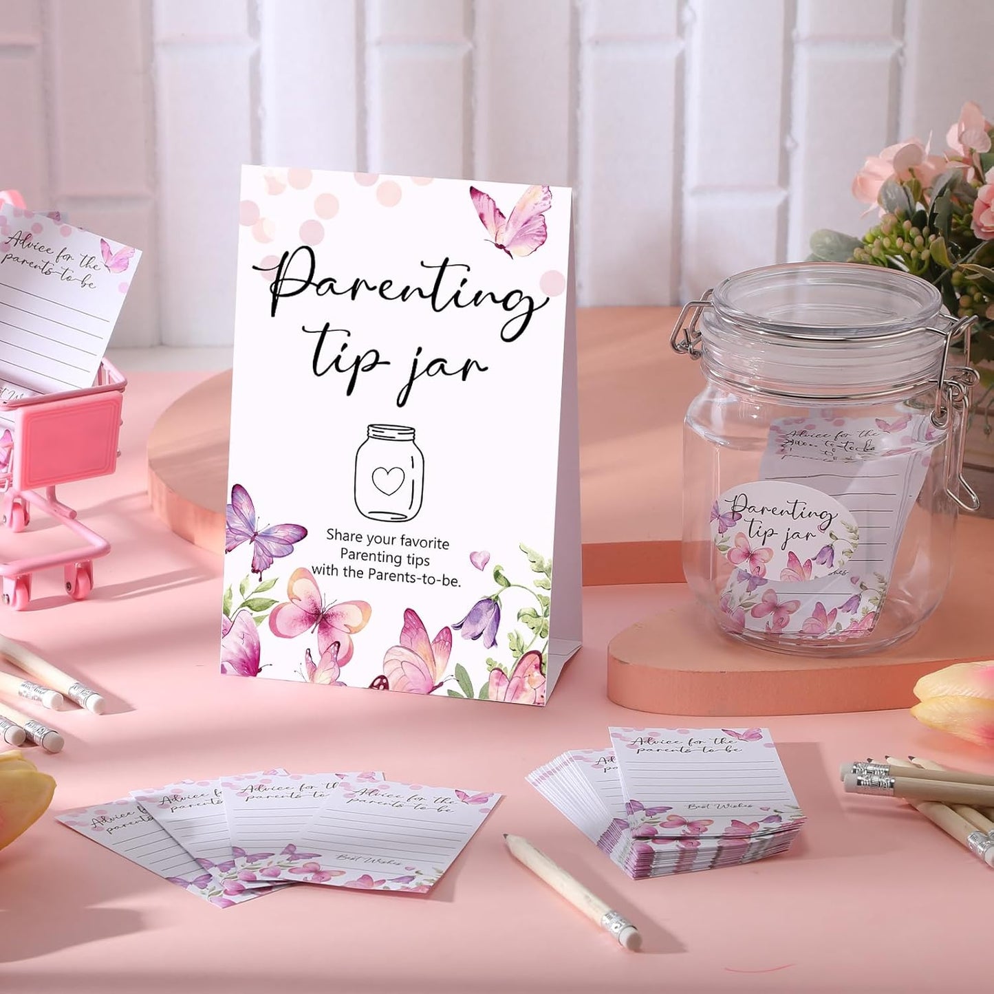 Roowest Baby Shower to Baby Advice Cards for New Parents to Be - Tip Jar Sign for New Parents 60 Parenting Advice Cards 10 HB Pencils 2 Cute Stickers 1 Pet Bottle for Guests Games(Butterfly)