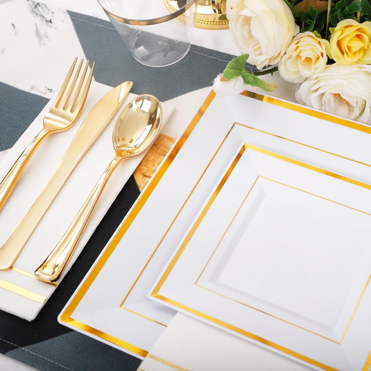 Festiva 350Pcs Gold Plastic Plates - Disposable Square Gold Plates Dinnerware set include 9.5"/6" Plates,Cups,Plastic Cutlery,Hand Napkins Perfect for 50 guests Party&Wedding&Birthday