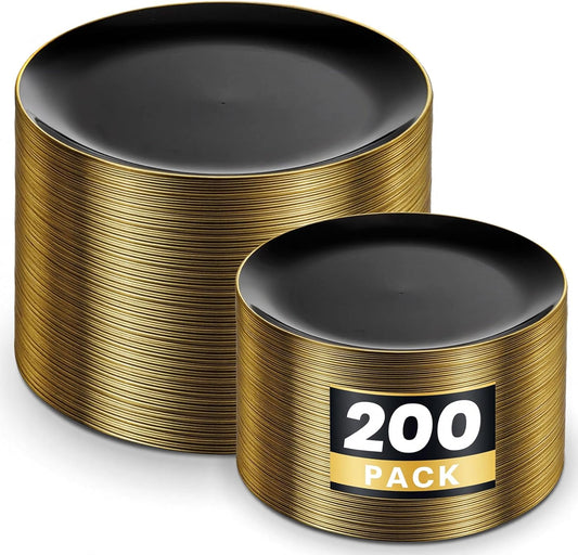 KIRE 200Pcs Black Plastic Plates - Black Plates Disposable for Party - Include 100 for Dinner and 100 for Dessert for Birthday/Wedding/Halloween