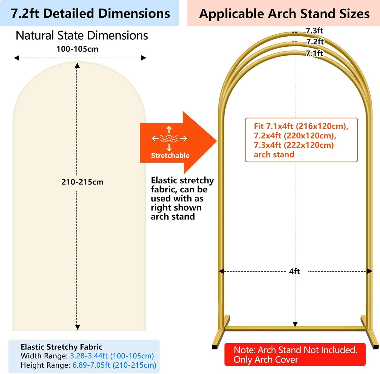 HEMMOTOP Light Beige Arch Backdrop Cover 7.2 ft, 6ft, Wedding Arch Covers Stretchy Backdrop 2 Set, Spandex 2 Sided Arched Background for Birthday, Party, Baby Shower, Decorations