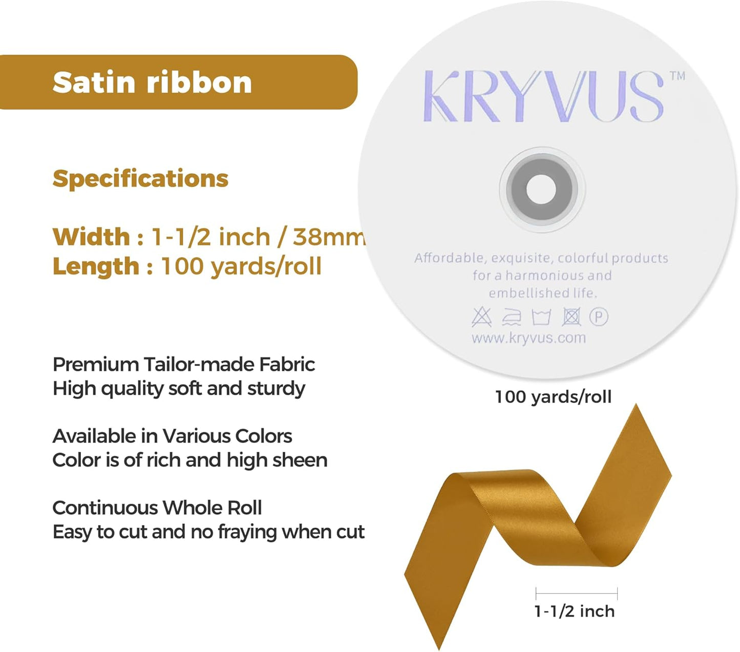 Gold Satin Ribbon 1-1/2 inch X Continuous 100 Yards, Single Face Polyester Ribbon Perfect for Gift Wrapping, Flower Bouquet, Wedding Decor, Crafts, Bow Making, Sewing and More