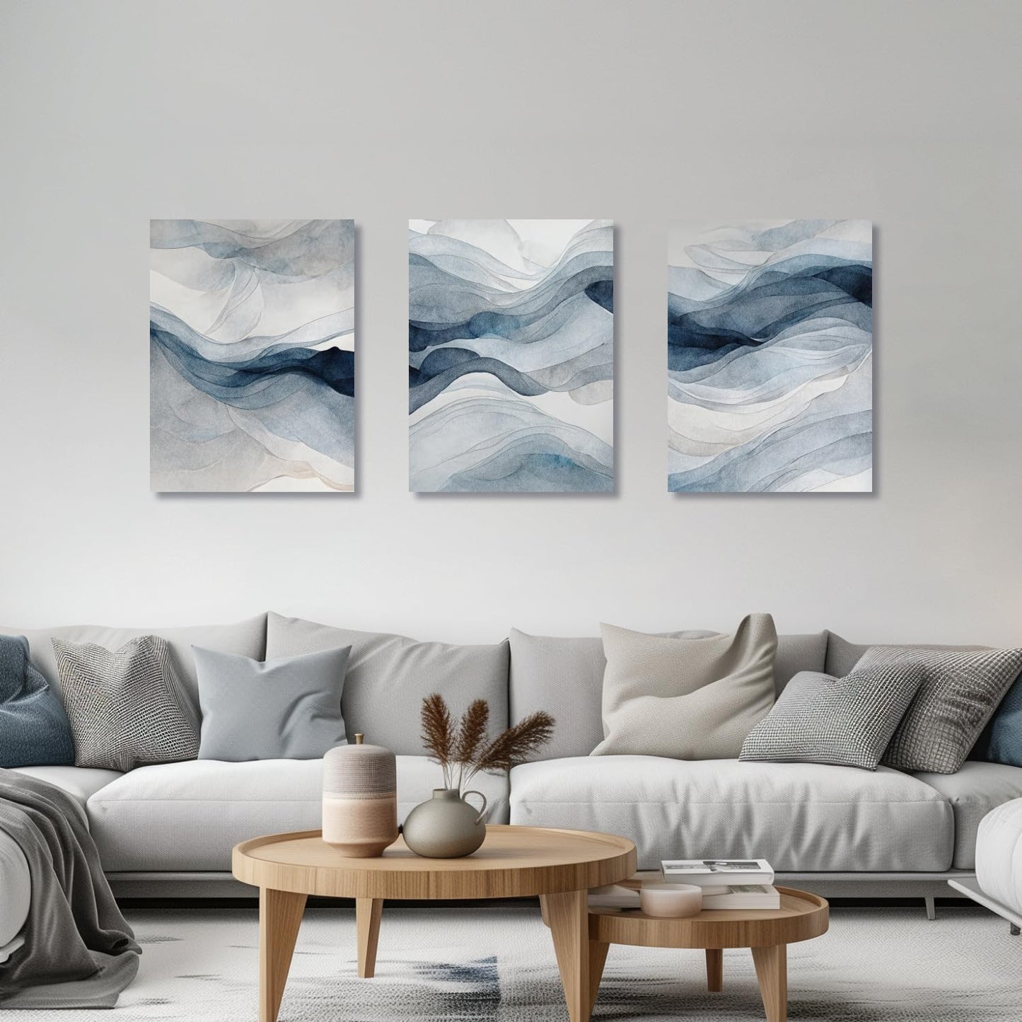 IAFWZX Framed Blue Gray Abstract Wall Art, Modern Minimalist Waves Wall Decor, Neutral Watercolor Line Canvas Paintings, Navy Blue Watercolor Poster Prints for Bedroom Living Room Office 12"x16"x3