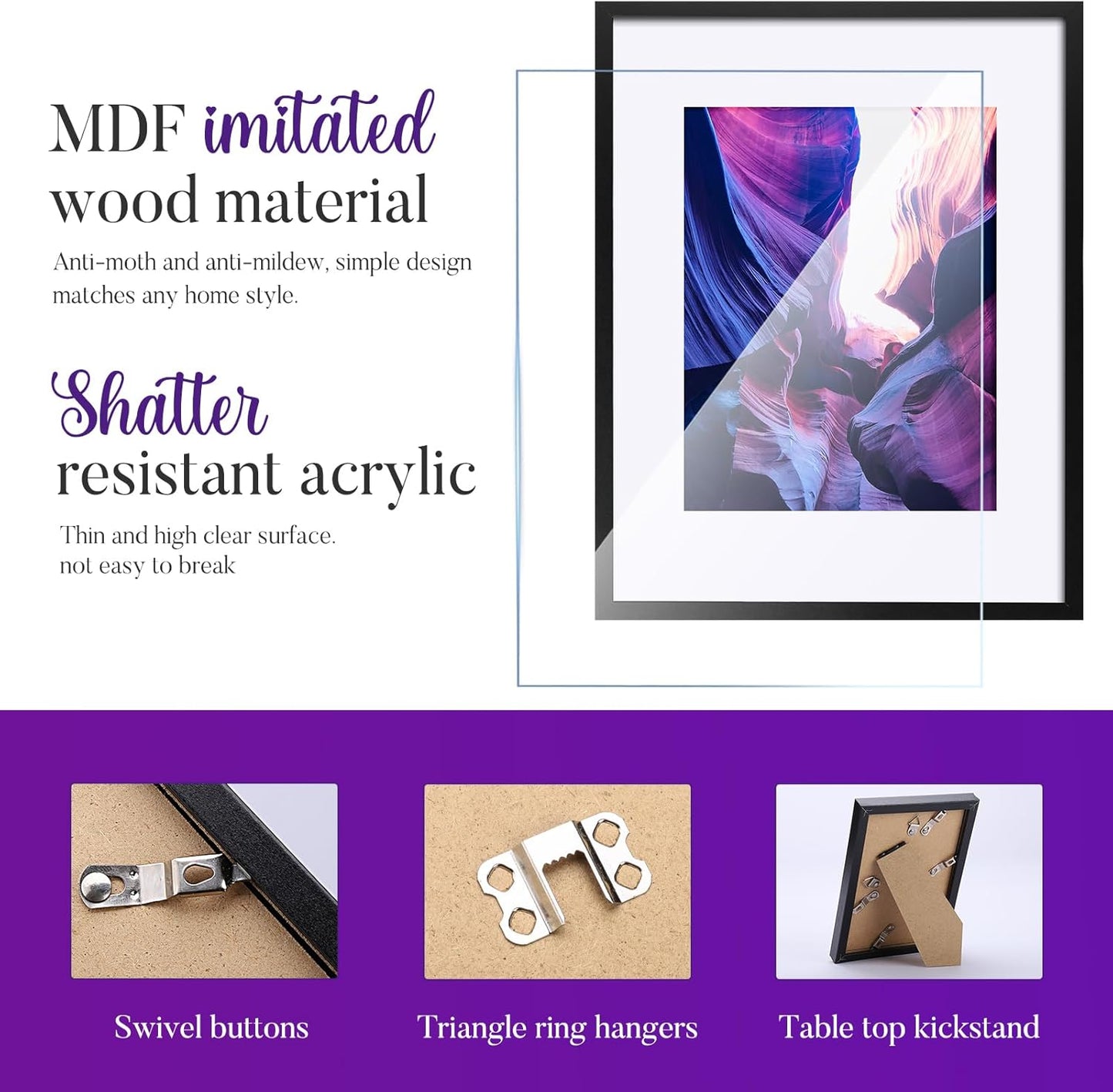 TWING 11x14 Picture Frames Set of 6, Gallery Wall Frame Set Display Photo 8 x 10 with Mat or 11 x 14 without Mat Black Composite Wood Wall Mounting