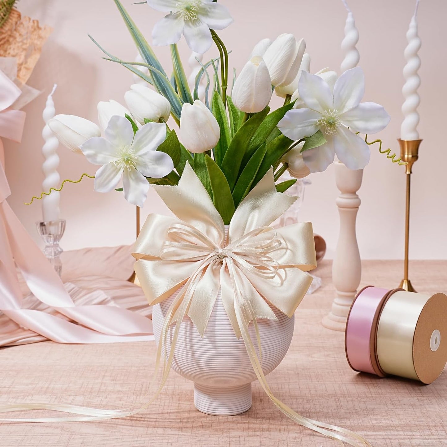 LaRibbons Nude Satin Ribbon 3/8 Inch 50 Yards Thin Luxury Double Faced Ivory Silk Ribbon for Flower Bouquet Crafts Gift Wrapping Wedding Bow Christmas Decoration