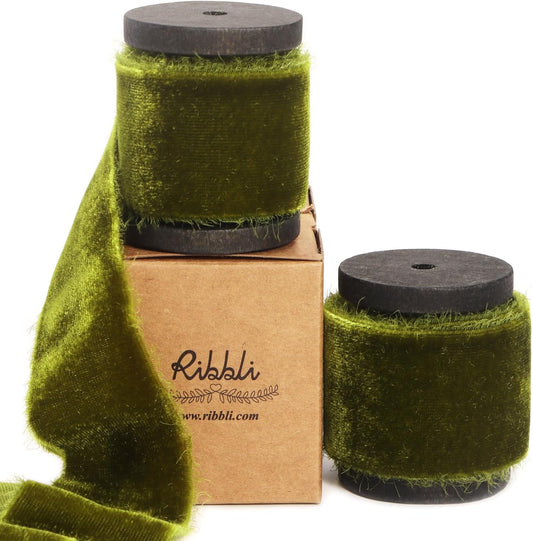 Ribbli Moss Green Velvet Ribbon 1.5 Inch Handmade Frayed Vintage Christmas Ribbon for Gift Wrapping Christmas Tree Ornament Wreath Craft Home Decor -Total 3 Yards with Wooden Spool