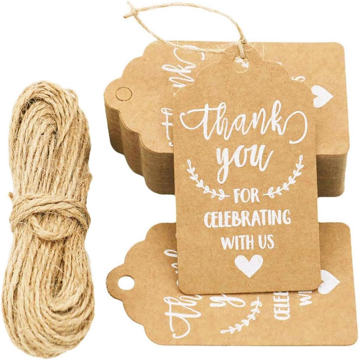100 Pcs Kraft Paper Tags, Thank You for Celebrating with Us Tags with 20 Meters Jute Twine for Wedding Thanksgaving Christmas Party Arts and Crafts DIY Favor