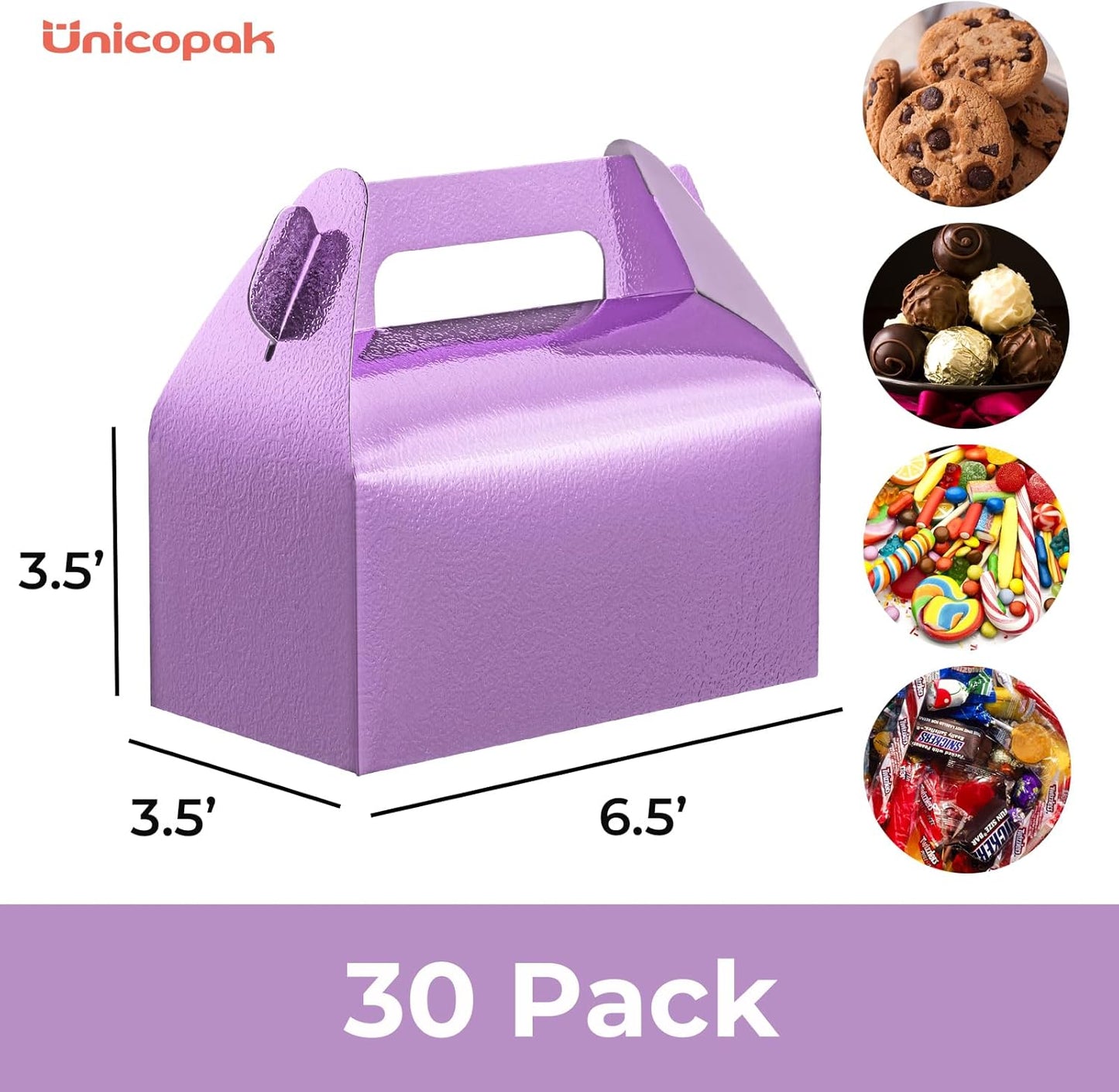 UnicoPak 30 Pack Glossy Purple Gable Treat Boxes, Party Favor Boxes, Gift Boxes for Kids, for Snacks, Candy, Toys, Birthday Party, Wedding, Halloween, Christmas – 6.5x3.5x4 Inches