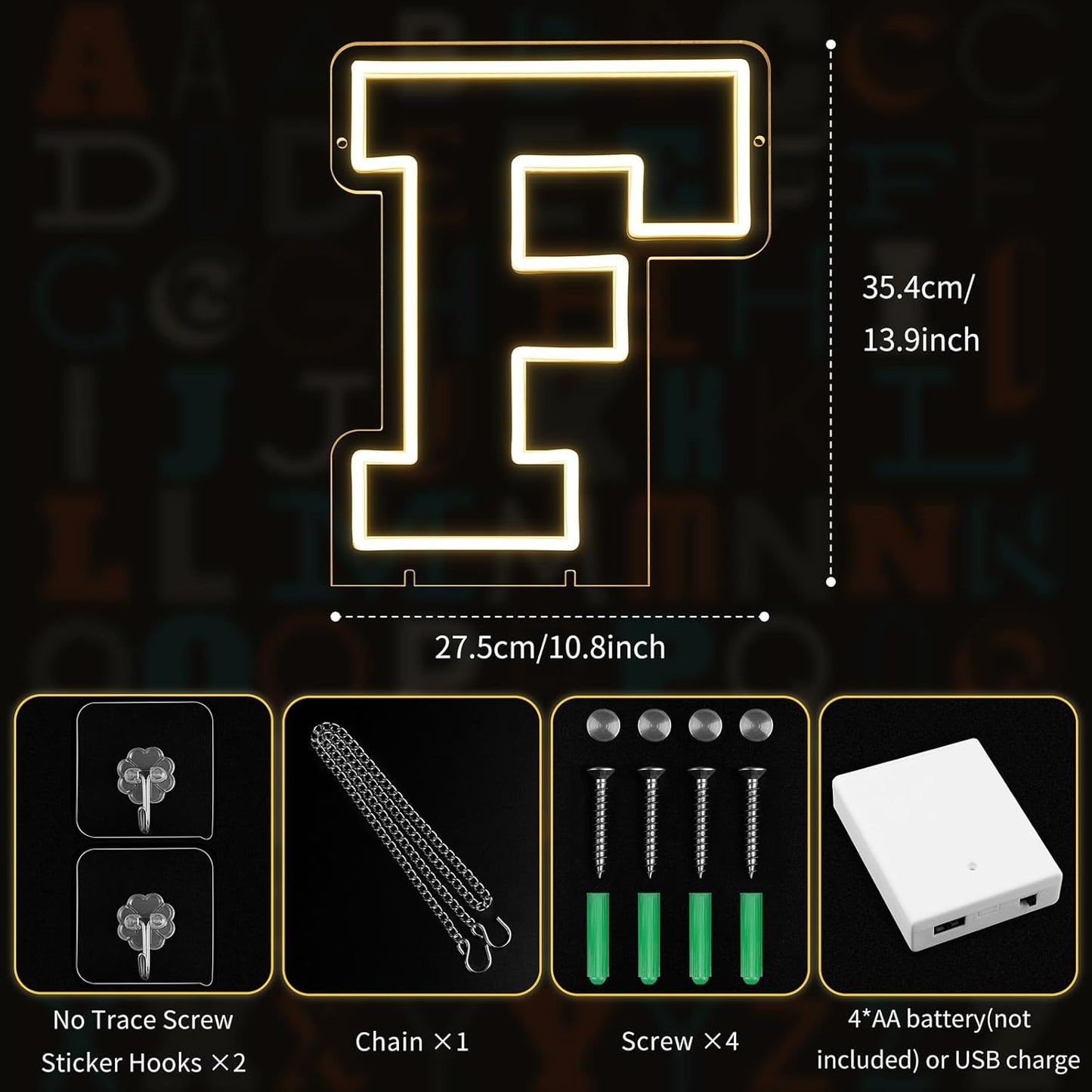 Light Up Letters F, Led Marquee Letter Lights Neon Sign, 13.9" Height Decorative Lighted Alphabet Number, Battery/USB Powered Led Letters Lights for Wedding, Birthday, Party, Christmas or Home Decor