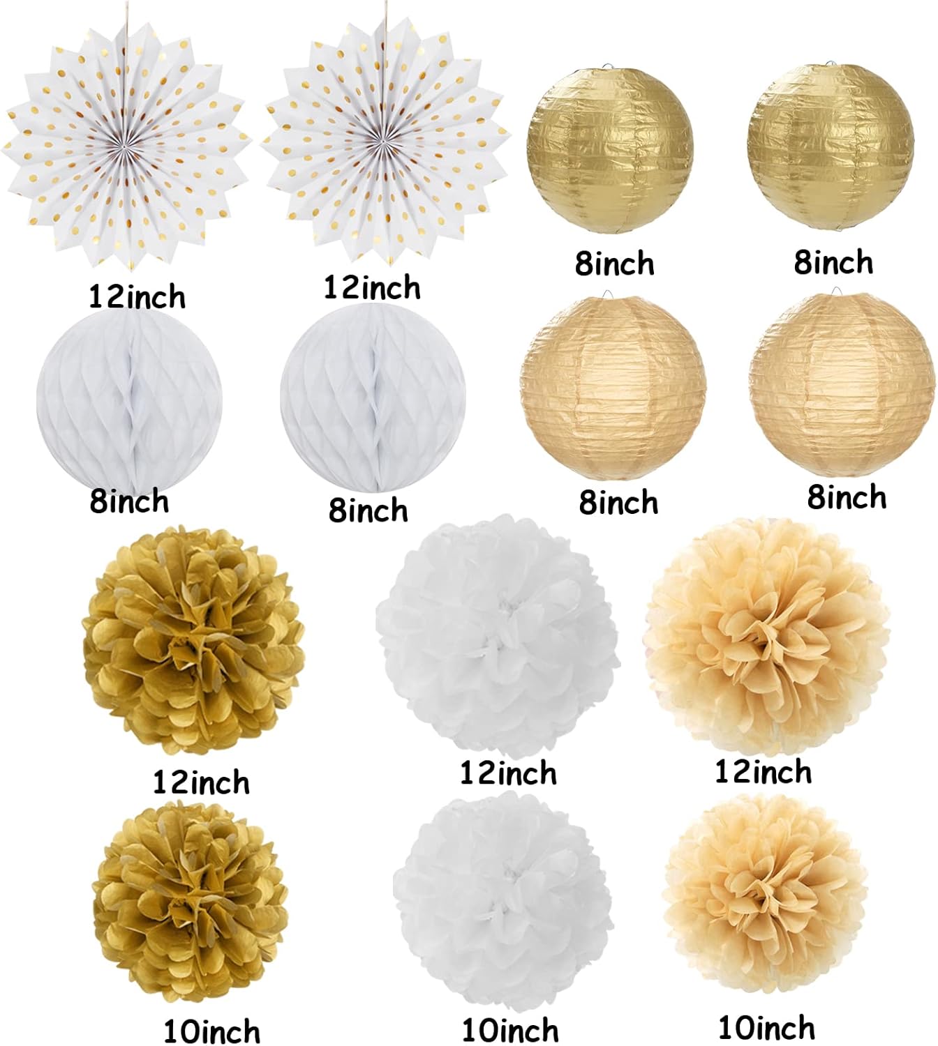 White Gold Party Decorations Streamers - 14pcs Christmas Wedding Engagement Paper Lanterns Fan,Tissue Pom Poms,Honeycomb Balls,Bachelorette Neutral Birthday Baby Bridal Shower Decor Lasting Surprise