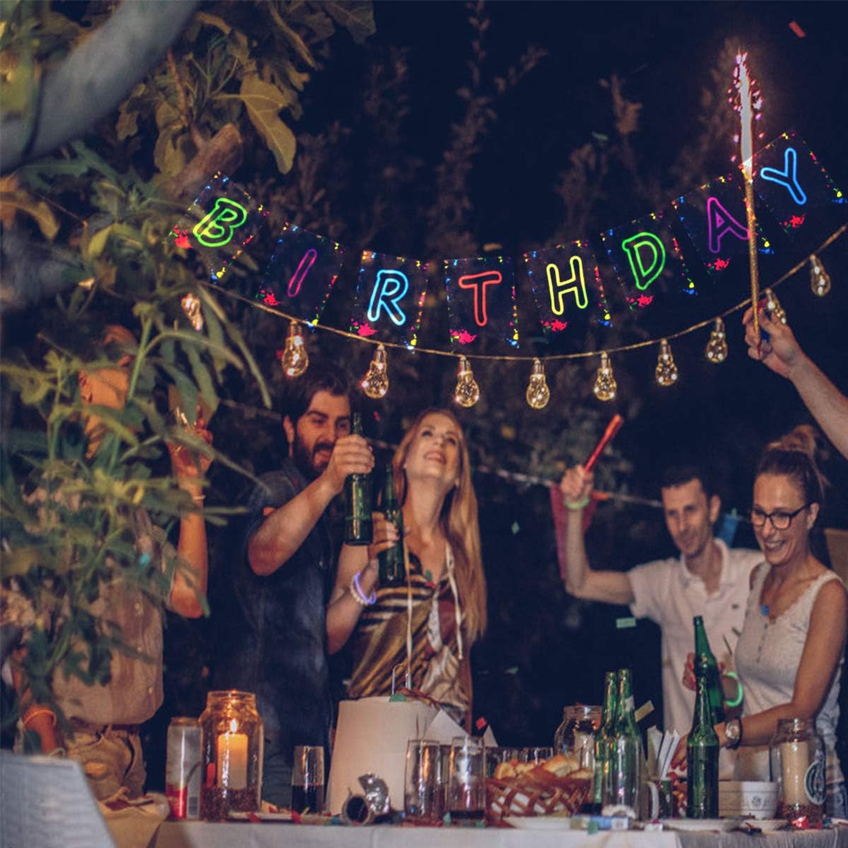 Glow Party Happy Birthday Banner Decoration（Already Assembled）, 80s Birthday Banner Let's Glow Party Decorations, Glow in the Dark Party Supplies, Neon Party Birthday Decorations