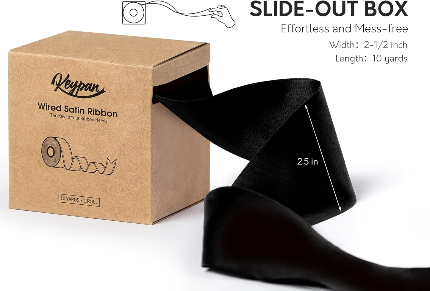 Black Satin Ribbon Double-Faced Wired Ribbons for Gift Wrapping Flower Bouquet Bows Wedding Invitation Christmas Decor Crafts 2-1/2 Inch 10 Yards