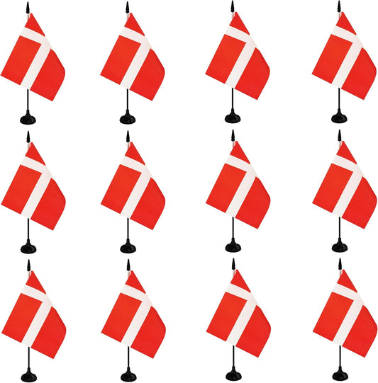 Denmark Desk Flag, 12 Pack Danish Table Office Flag with Black Solid Pole and Stand Base, International Country Flag, Festival Celebration, Classroom Meeting Desktop Decor (Denmark)