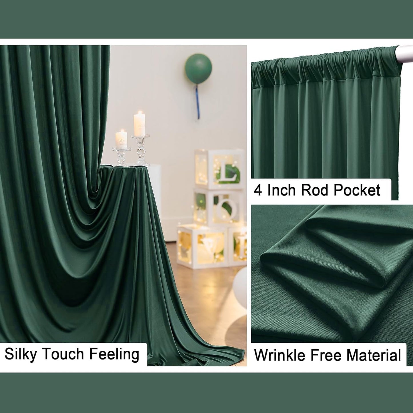 30 ft x 10 ft Wrinkle Free Hunter Green Backdrop Curtain for Parties, Polyester Dark Green Photo Backdrop Drapes 6 Panels 5x10ft for Baby Shower Wedding Birthday Party Photography Curtains