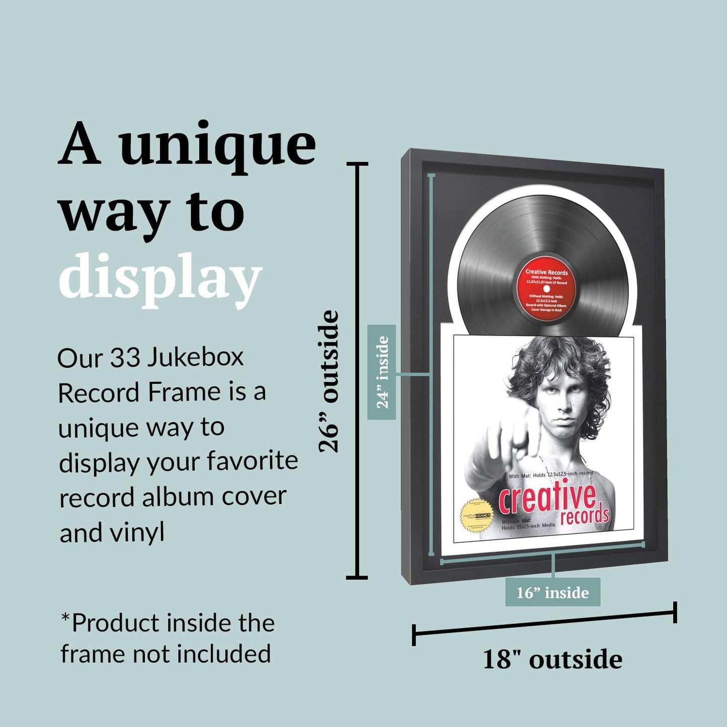 Creative Picture Frames 16" x 24" Jukebox Vinyl Frame Display with Double Matting, LP Record Album Frame for Wall Decor, Black/Black, 1 Count
