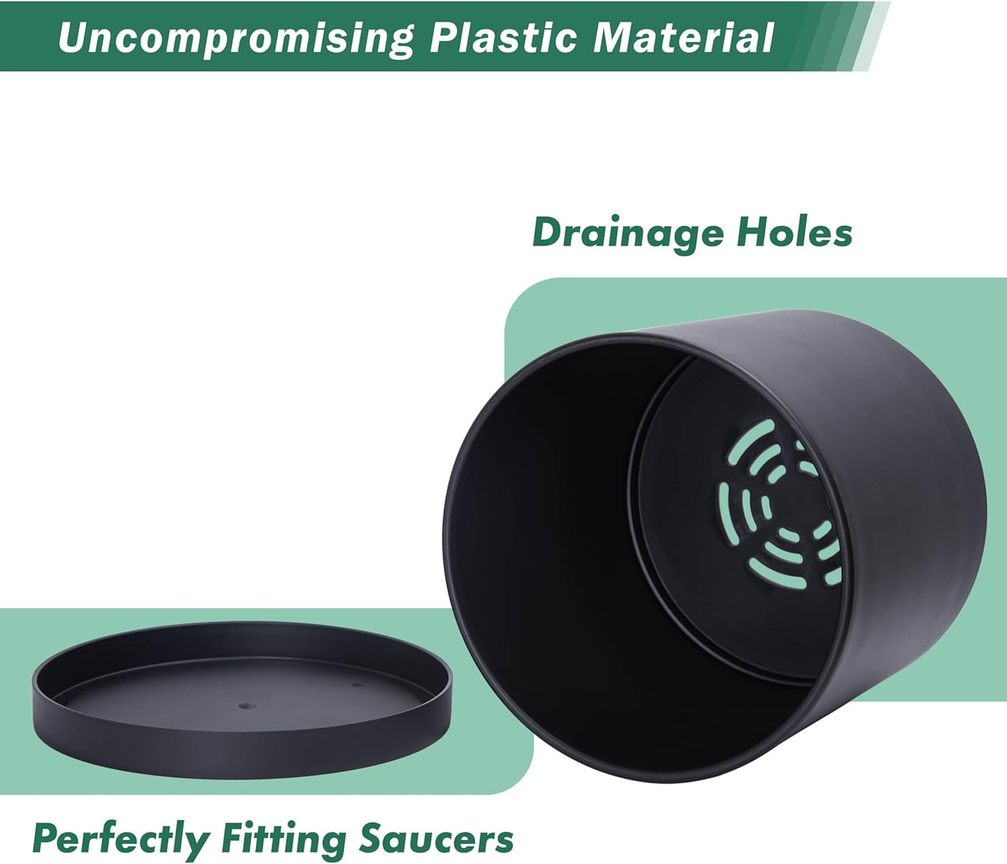 D'vine Dev 4 Pack 6 Inch Modern Plastic Plant Pots, Small Garden Planters for Plant with Drainage Holes and Saucers, Black Color, 74-Y-J-2