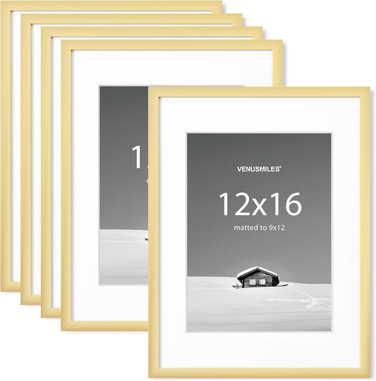 12x16 inch Picture Frame, 12x16 Photo Frames with 8.5x11 Removable Mat - High Definition Plexiglass - Vertical and Horizontal Display - Wall Hanging Frame - Gold, 5 Pack