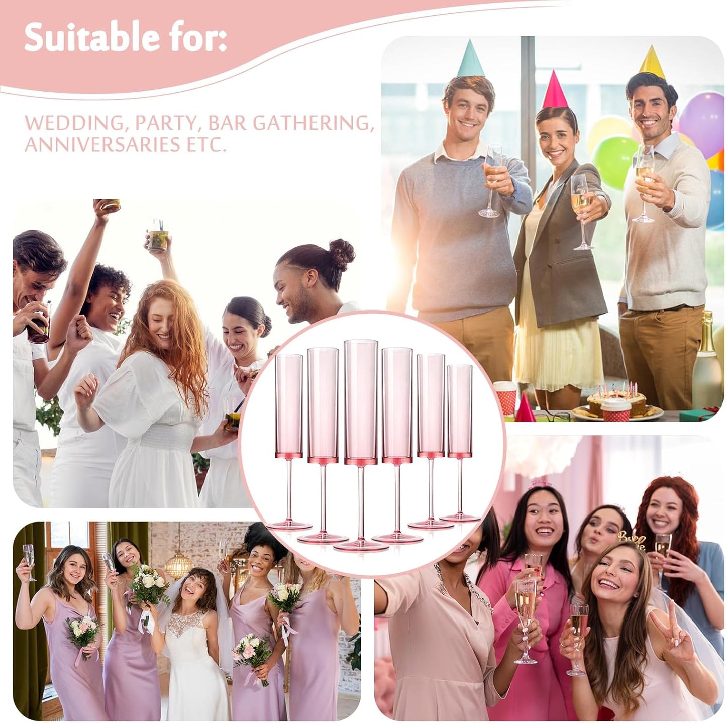 50 PCS Pink Champagne Flutes Plastic 5.4 OZ Clear Acrylic Champagne Flutes Sparkling Wine Glasses Wedding Table Decorations Reusable For Valentines Toasting Engagement Party Supplies (Pink, 50 Pack)