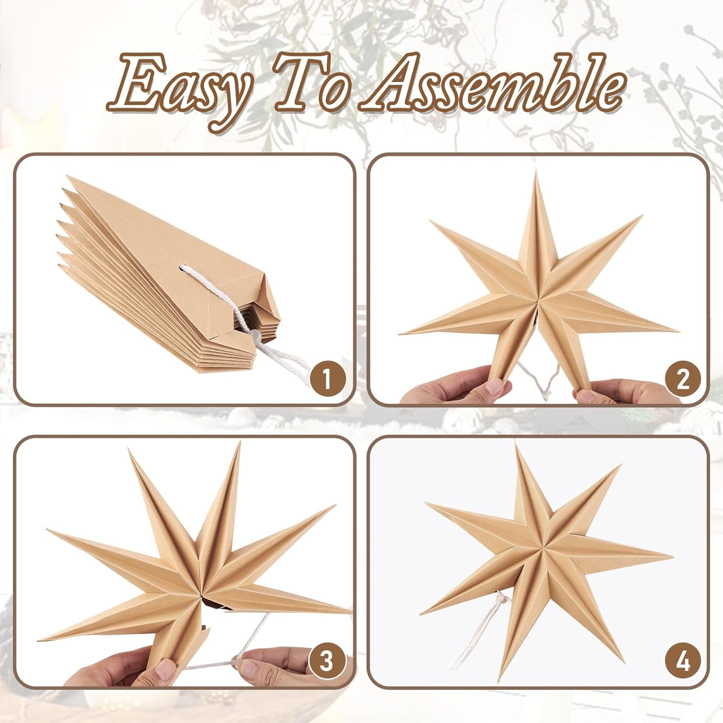 3PCS 12inch 7-Pointed Natural Paper Star Landerns Hanging Decoration Set Festive Holiday Decor Stars Shape Landerne for Christmas Home Deco
