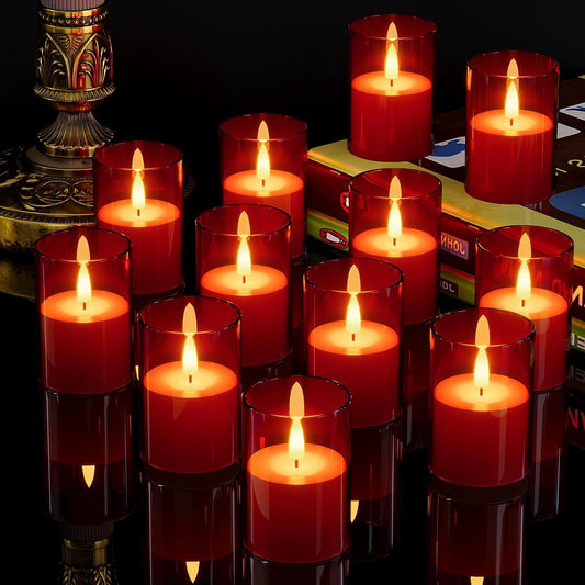 12Pack Flickering Flameless LED Candles with Timer, Battery Powered - Small Pillar & Votive, Red (2"X3")