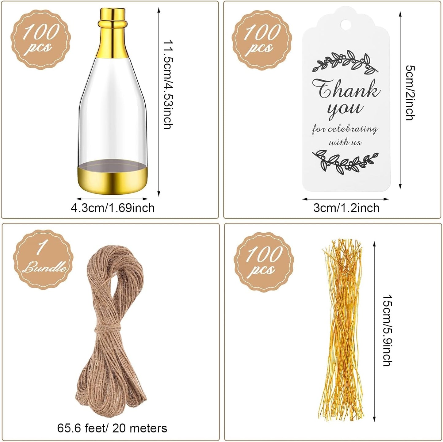 Gerrii 100 Pcs Metallic Mini Champagne Bottle Candy Container Shaped Jars Gold Plastic DIY Favor Candy Bottle Wedding Party Favor Containers with Gift Tags Gold Strings and 65.6ft Rope