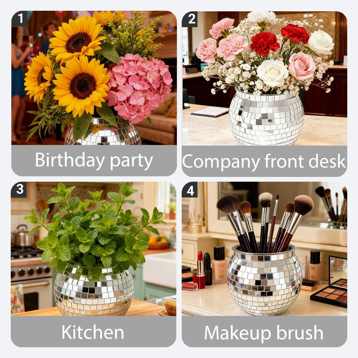 6 Pcs Disco Ball Vases,6" X 6.7" Disco Ball Centerpieces Decor,Silver Mirror Plastic Vase Disco Ball Planter for Wedding,Birthday,Office Table Decorations