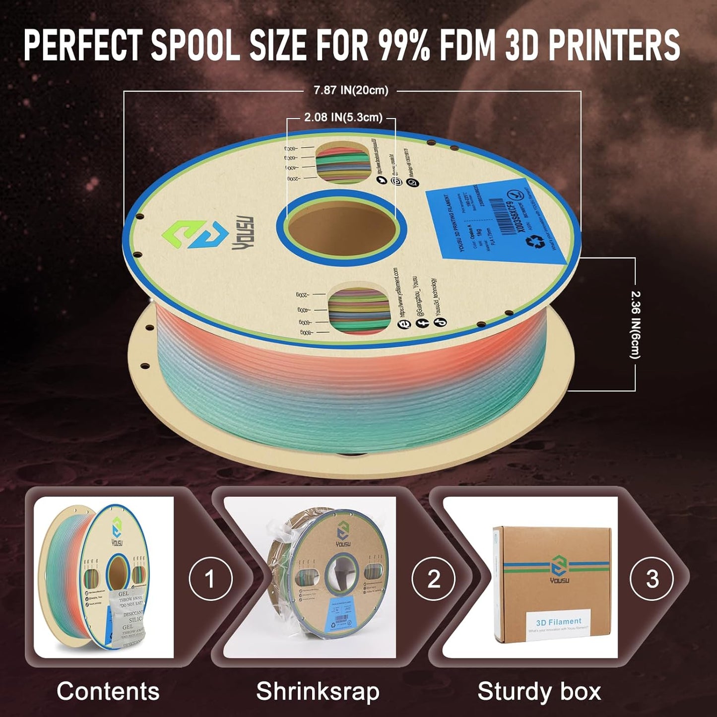 YOUSU PLA Filament Glow in The Dark Multicolor，Rainbow PLA Filament, Gradient 3D Printer Filament Color Change, 1kg(2.2lbs) Spool.