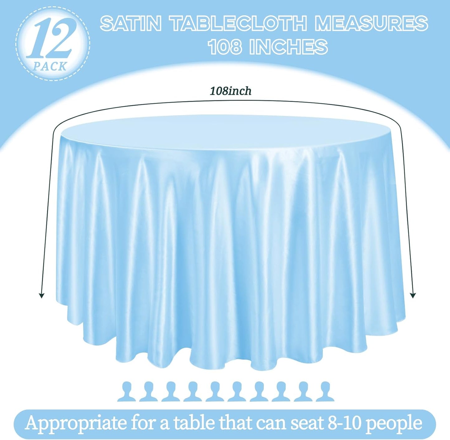 12 Pack 108 Inch Light Blue Satin Tablecloth - Silky Round Tablecloth Overlay Smooth Fabric Table Cover, Bright Table Decoration for Wedding Party Banquet Events Restaurant Kitchen Dining