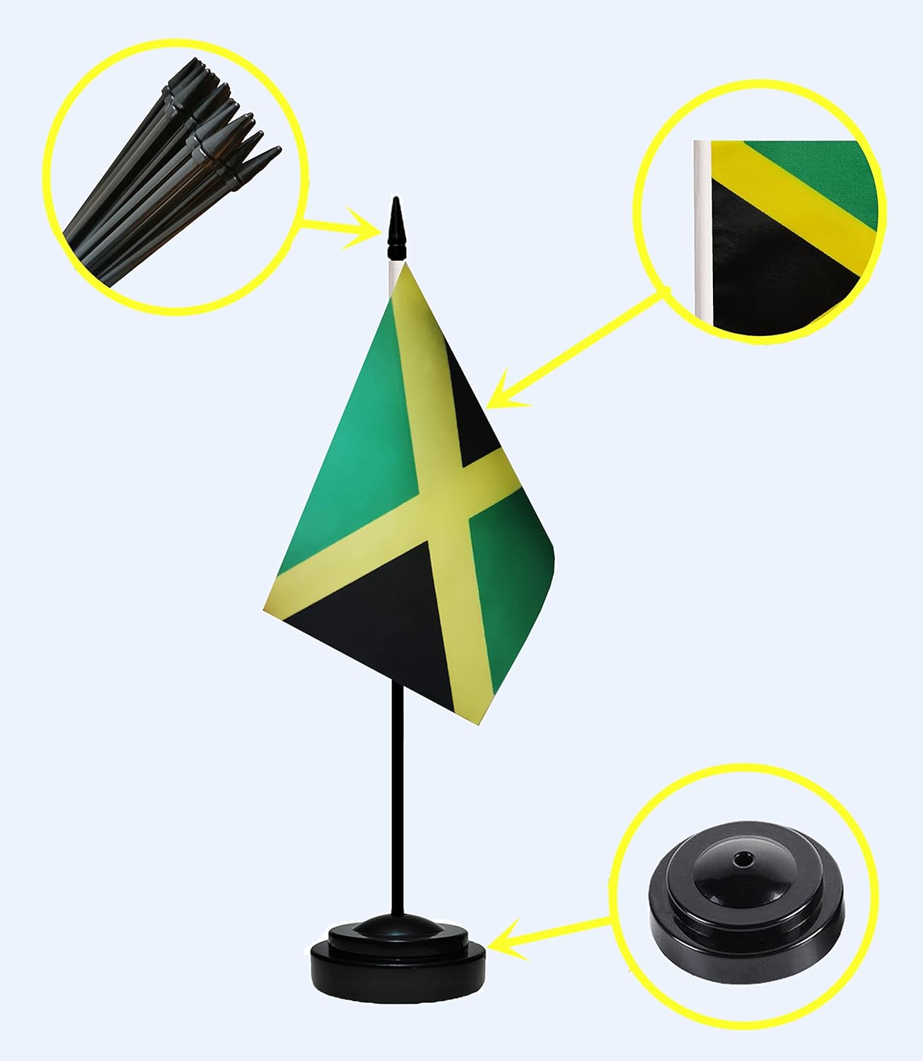 Jamaica Jamaican Deluxe Desk Flag Set, Small Mini Miniature Jamaica Jamaican Table Desktop Flags With Solid Pole, Black Base and Spear Top(2 Pack)