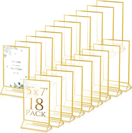 Hoteam 18 Pack Clear Acrylic Double Sided Frames Display Holder Gold Frames Acrylic Signs with Stand 2mm Gold Border for Wedding Restaurant Office Home Store Numbers Signs (5 x 7 Inch, Vertical)
