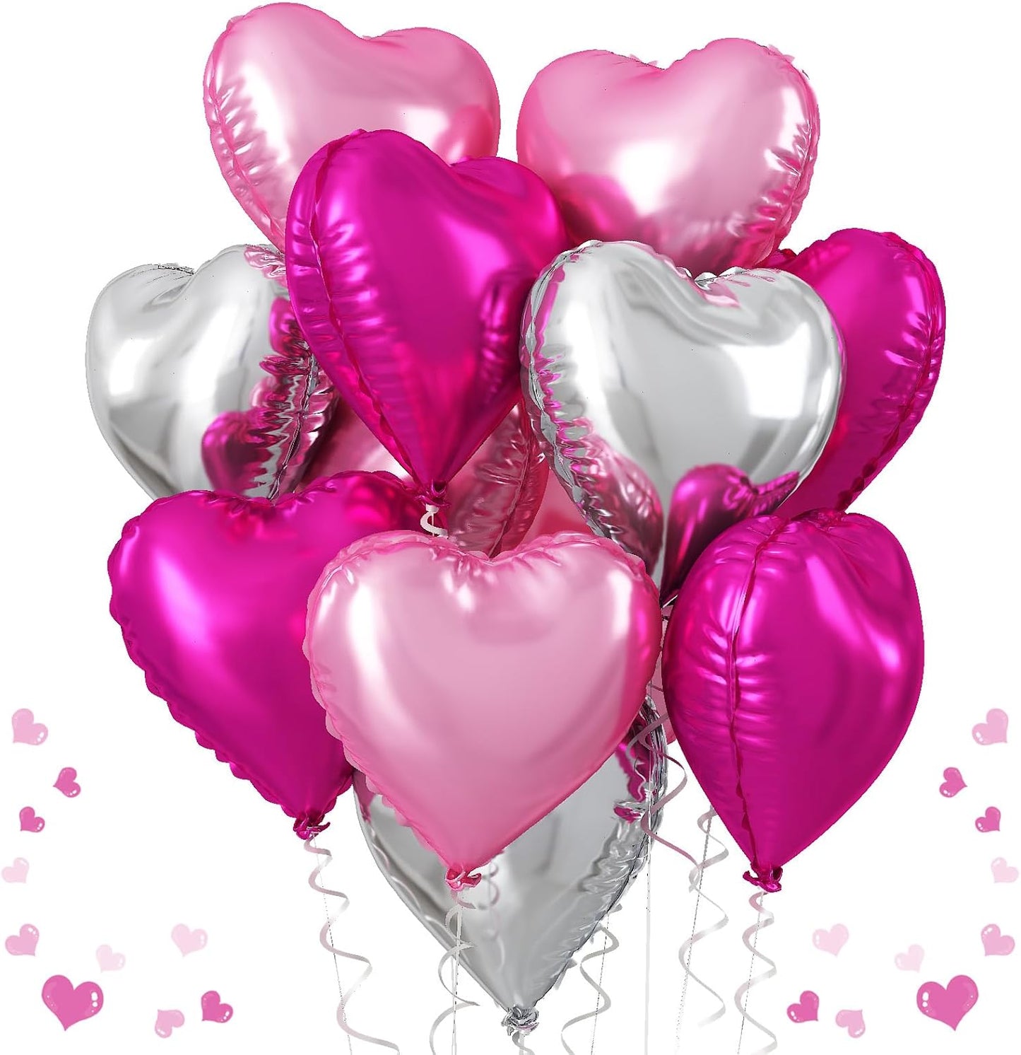 TAOYE 12 Pcs 18 Inch Heart Balloons, Hot Pink Silver and Pink Heart Shape Mylar Balloons for Birthday Wedding Valentines Anniversary Baby Shower