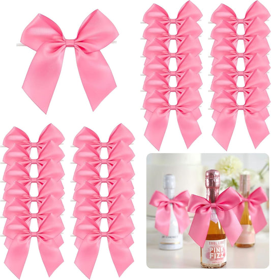 4.5" Satin Ribbon Hot Pink Bows for Gift Wrapping, Twist Tie Bows, Cute Bows for Crafts, Party Favors, Premade Bows Pre-Tied Decorative Bows for Flower Bouquets Candy Apple Bows-24 Counts