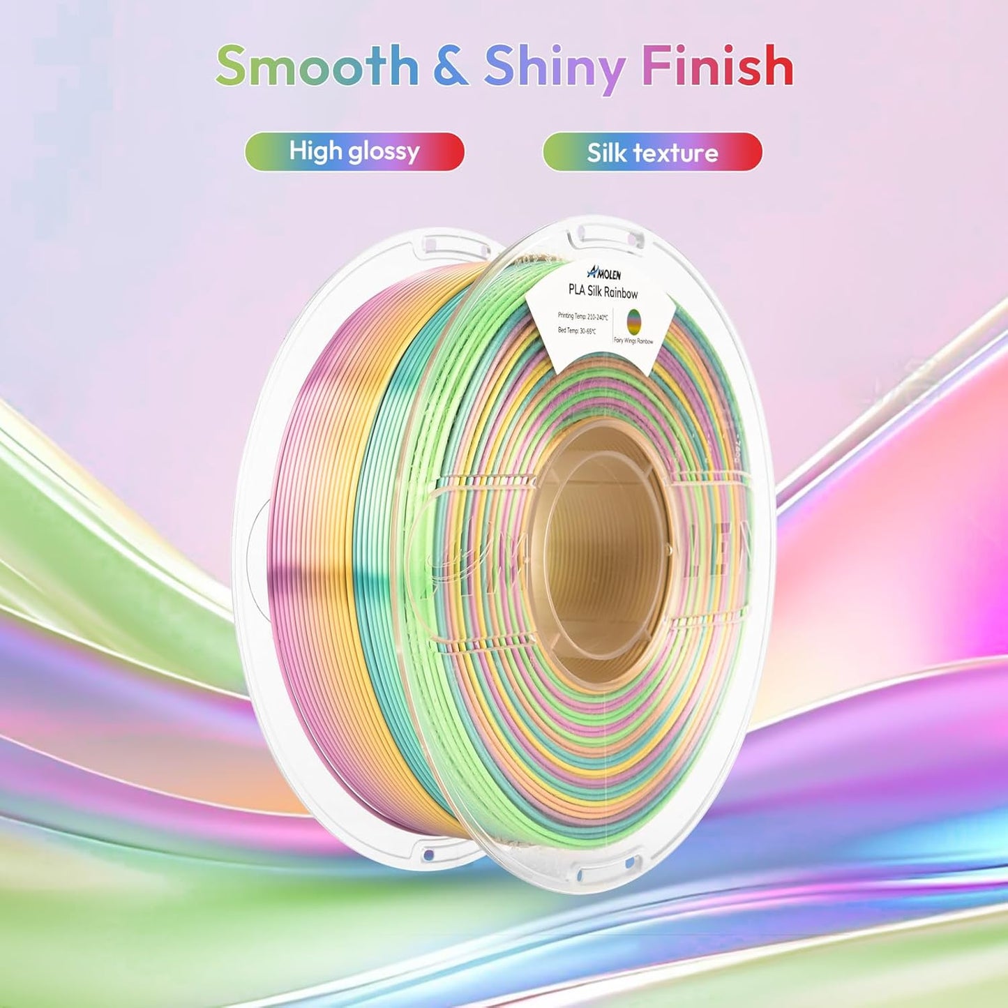AMOLEN Silk PLA 3D Printer Filament, Shiny Multicolor Rainbow PLA Filament 1.75mm, Gradient Color Change PLA 3D Printing Filament for Most FDM 3D Printer, Yellow Green Blue Pink, 1kg (2.2lbs)