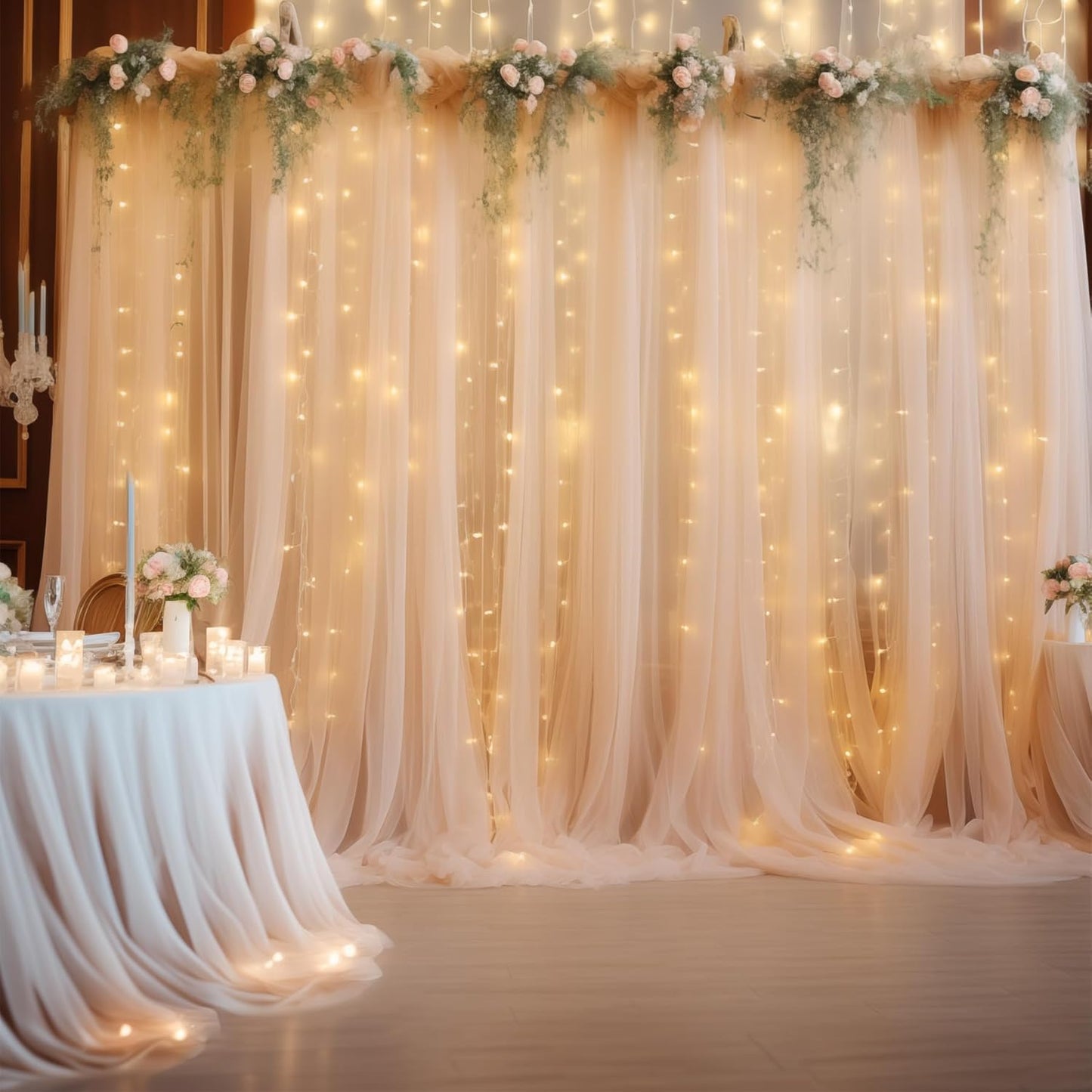 30×10ft Champagne Tulle Backdrop Curtain with Lights String for Parites, Sheer Photo Backdrop Curtains for Wedding Party Photography Background