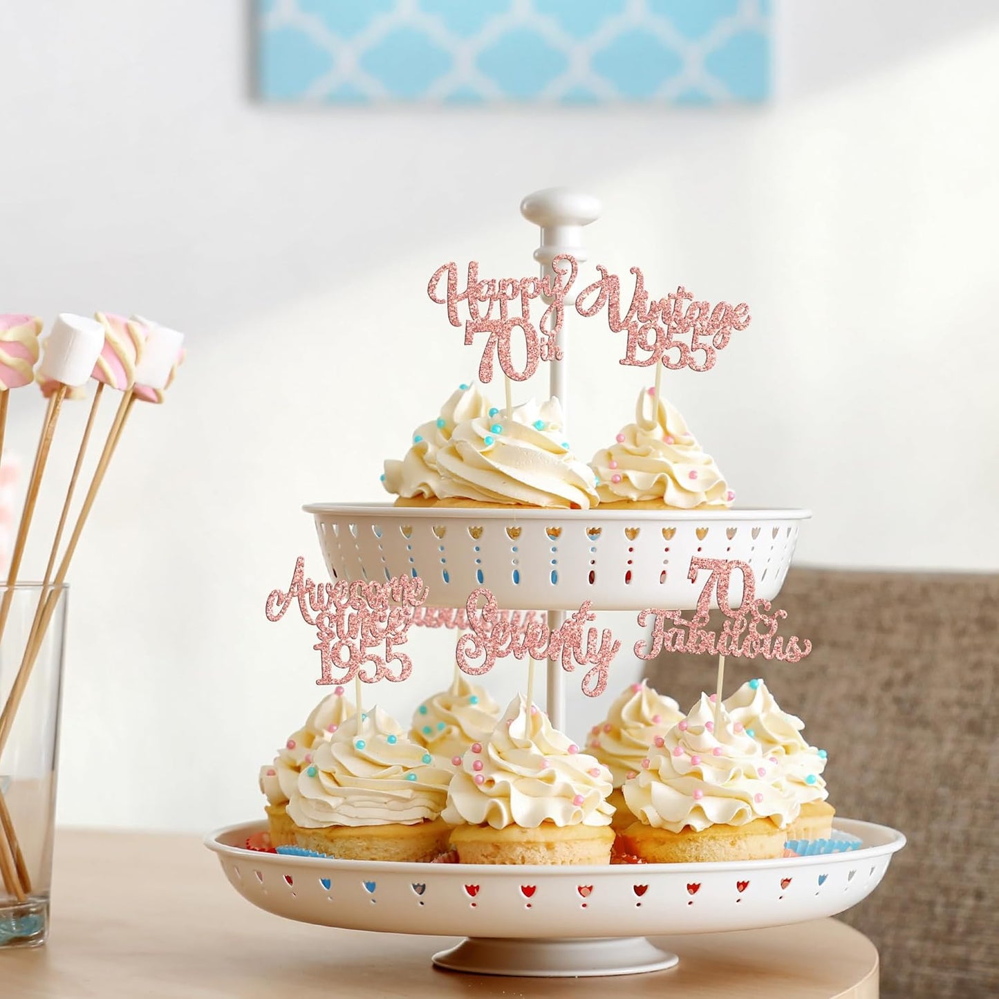 30Pcs Vintage 1955 Cupcake Toppers Glitter Seventy 70 Fabulous Happy 70th Birthday Cupcake Picks Cheers to 70 Years for 70th Birthday Anniversary Party Cake Decorations Supplies Rose Gold