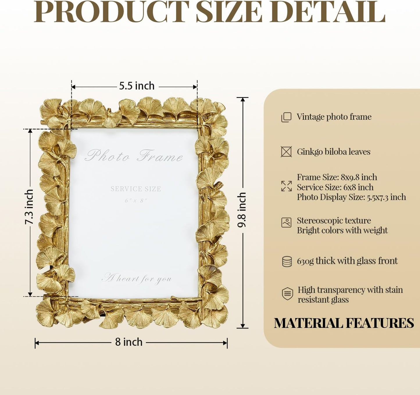 Cuspin 6x8 Picture Frame Gold, Vintage Ornate Leaf Textured Hand-Crafted Resin with Glass Front Antique Photo Frame for Tabletop Display, Retro Design Home Decor